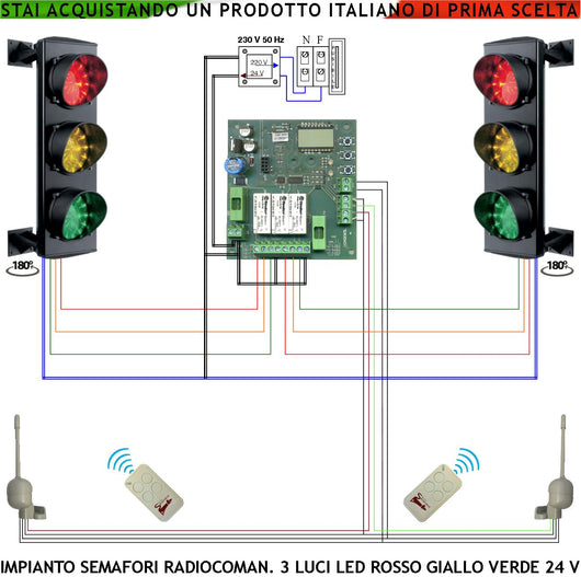 Impianto Kit Semaforo Garage 3 Luci 3 Schede da 24 Led Rossi 24 Led Gialli e 24 Led Verdi 24 V IP65 Centrale Con Tempi Regolabili da 3 a 240 Secon. Funzioni Controllate da 2 Radioriceventi 2 Radiocomandi Ingresso Uscita Veicoli Condominiali