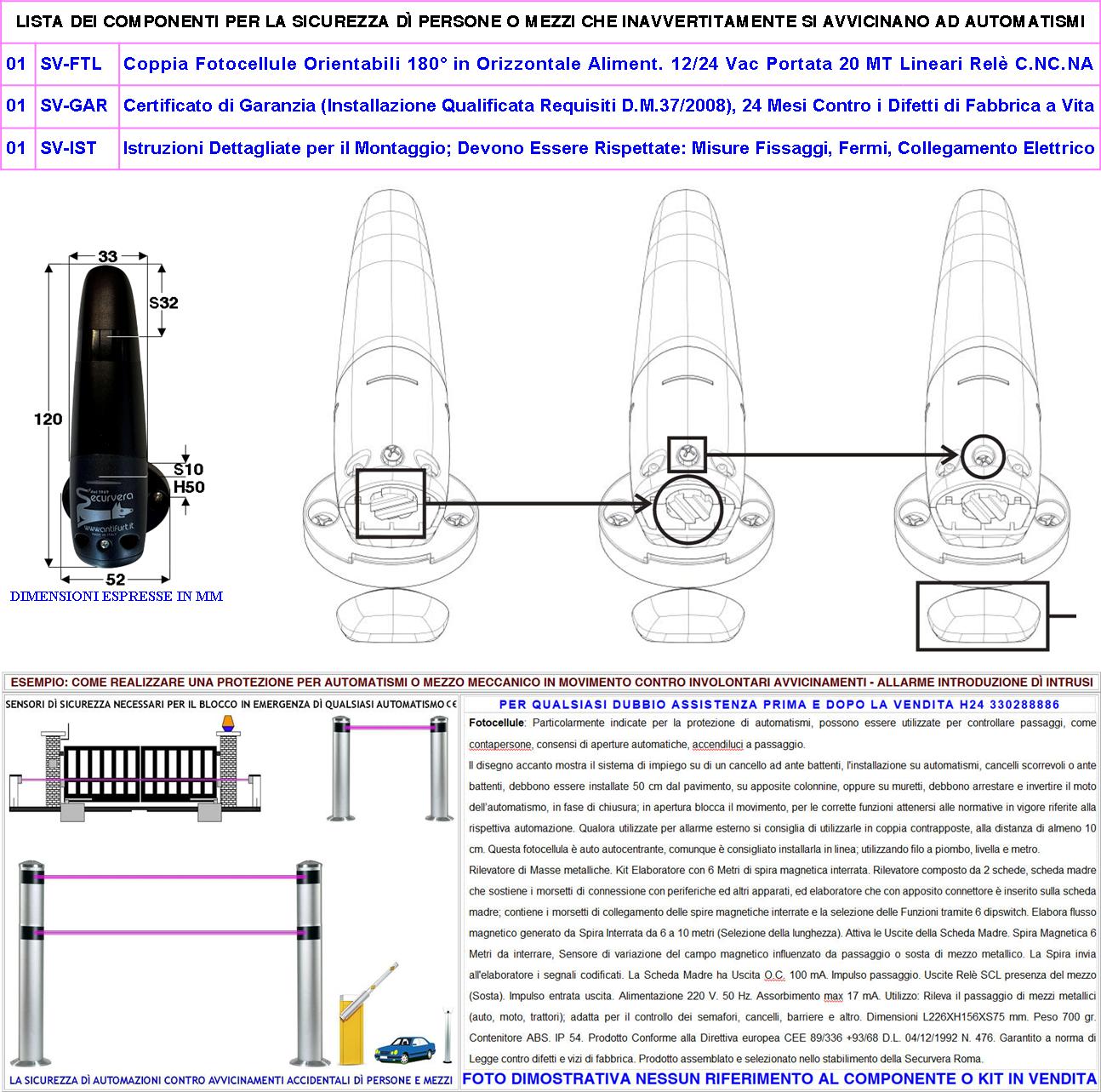 Coppia di Fotocellule Ruotabili 180° in Orizzontale Controllo e Sicurezza Cancello Elettrico Automatico TX e RX Portata 20 Metri Lineari Montaggio a Parete Oppure Palina Alimentazione 12/24 Vac IP44