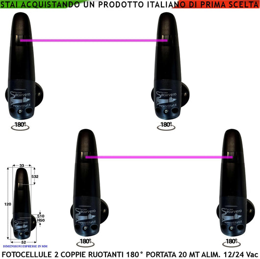 Fotocellule Sicurezza Controllo Cancello Elettrico Automatico 2 Coppie Con Portata 20 Metri Lineari Orientabili 180° in Orizzontale Montaggio a Parete Oppure a Palina Alimentazione 12/24 Vac Prot IP44