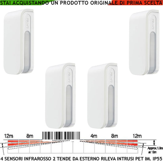 Infrarosso 4 PIR Quatro Sensori di Movimento Doppia Tenda da Esterno Portata 12+12 MT Lineari Regolabile Via Filo Relè Allarme Protezione in linea Finestre Ponteggi Alimentazione 12 V Assorbim. 34 mA