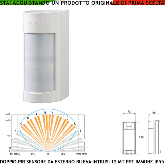 Sensore di Movimento Grandangolo Infrarosso dual PIR VXI Esterno Con Filtri a Tenda Portata 12 MT Regolabile Via Filo Relè Allarme Protezione Contro Intrusi Aliment. 12 V Assorb. 20 mA Cover ABS IP55