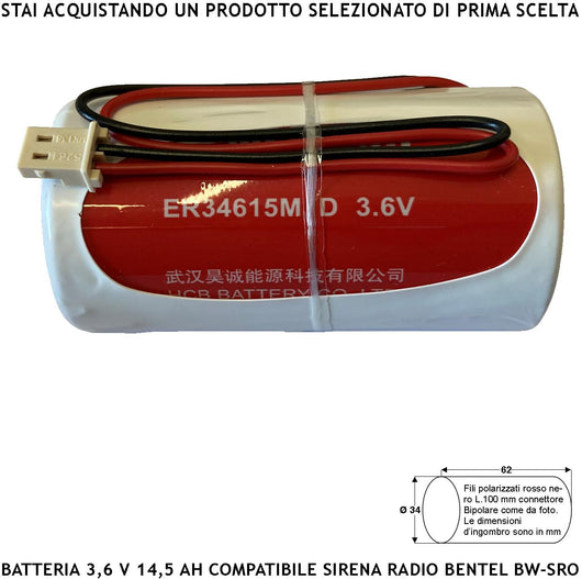 ER34615M 3,6 V 14 Ah Batteria litio Non Ricaricabile Connettore Polarizzato Pila Ricambio Compatibile Sirena Bentel Tecnoallarm Dimensioni L62XØ34 mm Peso 112 gr Pronta all'Uso Direttiva ISO 9001