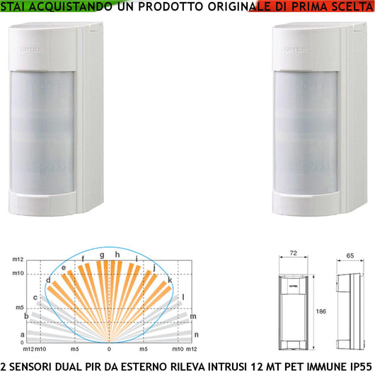 Infrarosso dual PIR Esterno Due Sensori di Movimento Grandangolo Con Filtri a Tenda Portata 12 MT Regolabile Via Filo Relè Allarme Protezione Contro Intrusi Aliment. 12 V Assorb. 20 mA Cover ABS IP55