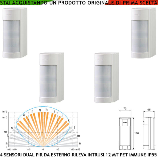 Infrarosso dual PIR VXI 4 Rilevatori di Movimento per Allarme Grandangolo Con Filtri a Tenda Portata 12 MT Regolabile Via Filo Relè Protezione Esterna Contro Intrusi Alim. 12 V Assor. 20 mA ABS IP55