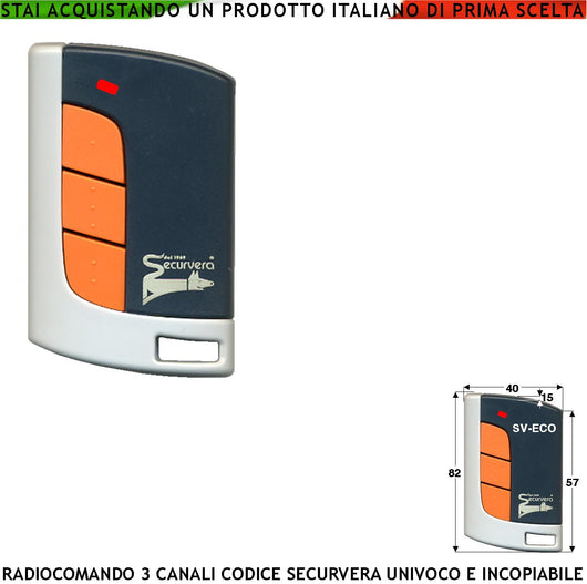 Radiocomando Cancello 3 Canali Frequenza 433,92 MHz Potenza 1 mW Portata Libera 60/100 MT Codice Sicurezza Securvera Rolling Code 66 Bit Batteria 12 V 23A Contenitore ABS Tre Colori Tasti Numerati