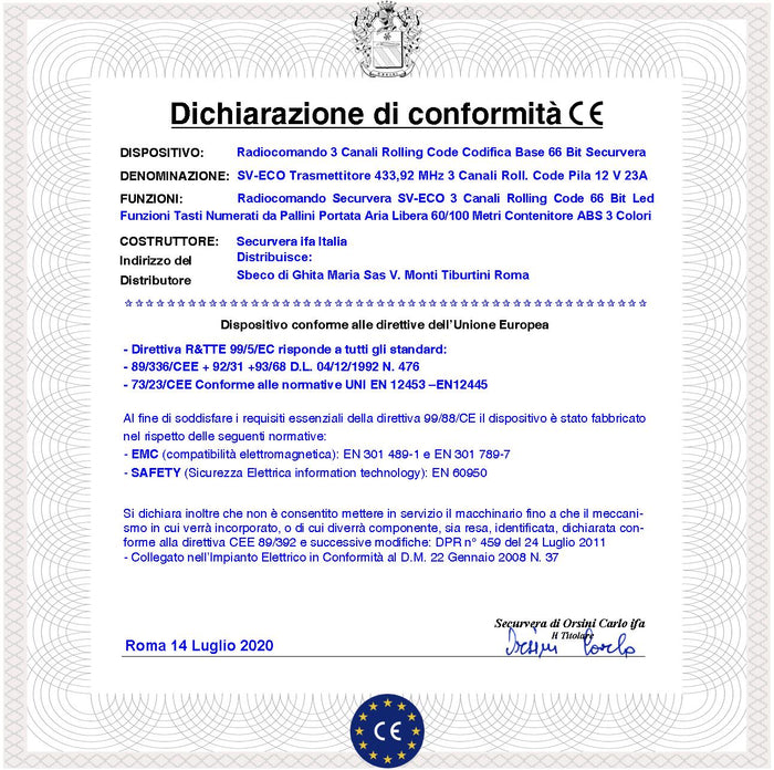 Telecomando Radiocomando 3 Canali Frequenza 433,92 MHz Potenza 1 mW 3 Pezzi Portata Aria Libera 60/100 MT Codice Sicurezza Securvera Rolling Code 66 Bit Batteria 12V 23A Contenitore ABS Tasti Numerati