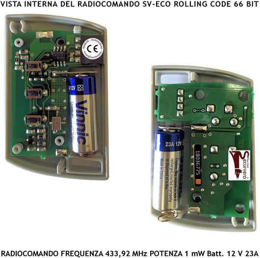 Radiocomando Cancello 3 Canali Cinque Pezzi Frequenza 433,92 MHz Potenza 1 mW Portata Aria Libera 60/100 MT Codice Sicurezza Securvera Rolling Code 66 Bit Batteria 12 V 23A Contenitore ABS Tre Colori