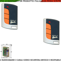 Radiocomando Cancello Automatico 2 Pezzi Frequenza 433,92 MHz 3 Canali Numerati Potenza 1 mW Portata Libera 60/100 MT Codice Sicurezza Securvera Rolling Code 66 Bit Batteria 12 V 23A Contenitore ABS