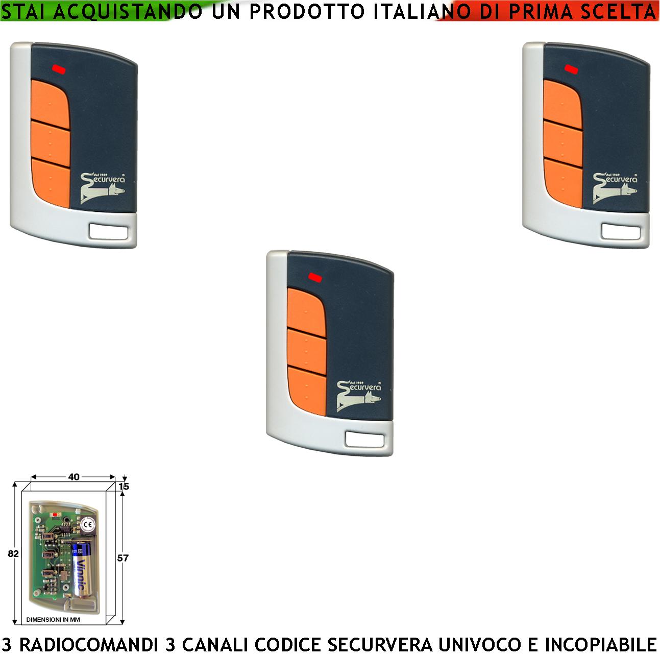 Comando Radio Tre Pezzi Frequenza 433,92 MHz Potenza 1 mW Portata Aria Libera 60/100 MT 3 Canali Codice Sicurezza Securvera Rolling Code 66 Bit Batteria 12 V 23 A Contenitore ABS Tasti Con Pallini