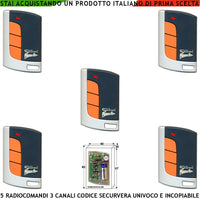 Telecomando Radiocomando Tre Canali Frequenza 433,92 MHz Potenza 1 mW Cinque Pezzi Portata Aria Libera 60/100 MT Codice Securvera Rolling Code 66 Bit Batteria 12 V 23A Contenitore ABS Tasti Numerati