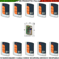 Radiocomando 3 Canali Frequenza 433,92 MHz Dieci Pezzi Potenza 1 mW Portata Aria Libera 60/100 MT Codice Sicurezza Securvera Rolling Code 66 Bit Batteria 12 V 23A Contenitore ABS Tasti Numerati