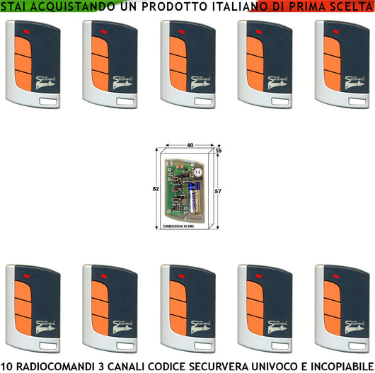 Radiocomando Cancello Tre Canali Dieci Pezzi Frequenza 433,92 MHz Potenza 1 mW Portata Aria Libera 60/100 MT Codice Sicurezza Securvera Rolling Code 66 Bit Batteria 12 V 23A Contenitore ABS Tre Colori