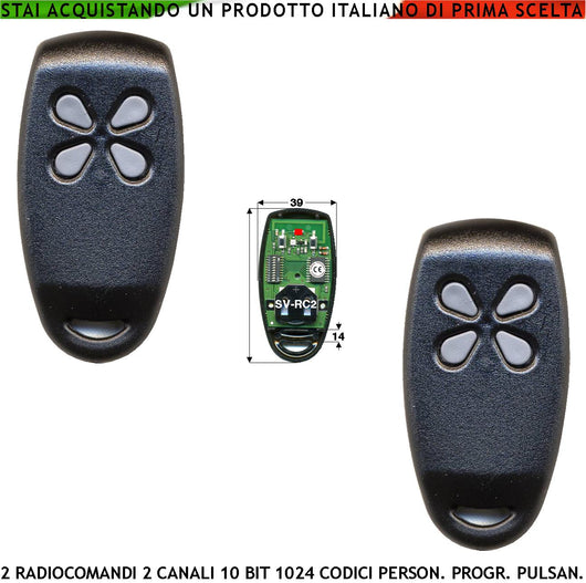 Telecomando 2 Canali 2 Pezzi Freq. 433,92 MHz Potenza 5 mW Portata Aria Libera 60/100 MT Codice di Sicurezza 10 Bit Selezione da 2 Pulsanti Duplica i Radiocomandi UM86409 o Emulatori Batteria CR2032