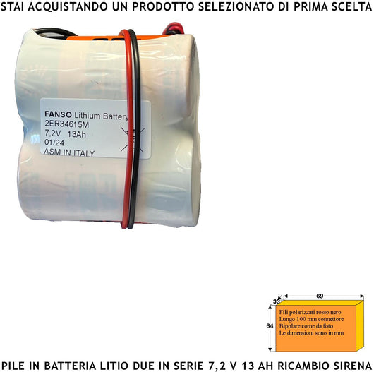 Pacco 2 Batterie litio ER34615M 7,2 V 13 Ah Pile Non Ricaricabili Ricambio Compatibile Sirena Radio Connettore Polarizzato Sostituibile Dimensioni H62XL69Ø34 mm Pronta all'Uso Direttiva ISO 9001