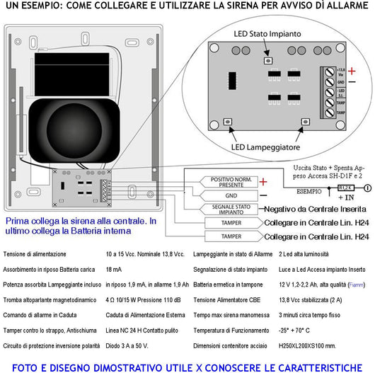 Sirena Lampeggiante a Led Magnetodinamica Per Antifurto Esterno Melodia Bitono Frequenza A/B 1724/2475 Hz 110 dB 12 Vcc Assorbimento 1,9 Ah Batteria Esclusa Comando Allarme Caduta Polarità Led Stato