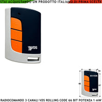 Radiocomando Cancello 3 Canali Frequenza 433,92 MHz Potenza 1 mW Portata Libera 60/100 MT Codice Sicurezza VDS Rolling Code 66 Bit Batteria 12 V 23A Contenitore ABS Tre Colori Tasti Numerati