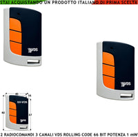 Radiocomando Cancello 3 Canali 2 Pezzi Frequenza 433,92 MHz Potenza 1 mW Portata Libera 60/100 MT Codice Sicurezza VDS Rolling Code 66 Bit Batteria 12 V 23A Contenitore ABS Tre Colori Tasti Numerati