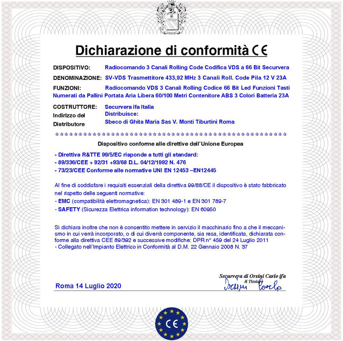 Radiocomando Cancello 3 Canali Frequenza 433,92 MHz Potenza 1 mW Portata Libera 60/100 MT Codice Sicurezza VDS Rolling Code 66 Bit Batteria 12 V 23A Contenitore ABS Tre Colori Tasti Numerati