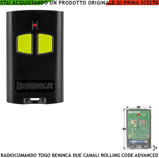 Telecomando TO.GO 2 Canali Frequenza 433,92 MHz Portata Libera 60/100 MT Codice Sicurezza Advanced Rolling Code 128 Bit Batteria 12 V 23A Contenitore ABS Nero Tasti Gialli Comando Automatismo Benincà