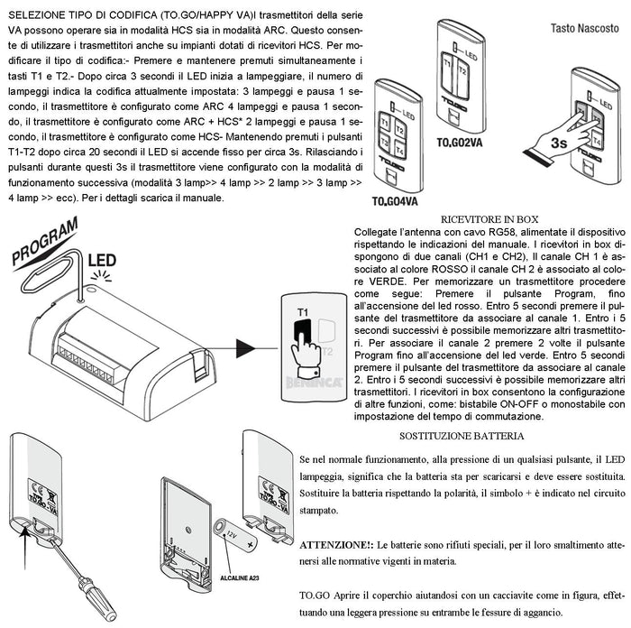 Radiocomando Bicanale 2 Pezzi Frequen. 433,92 MHz Portata 60/100 MT TO.GO Codice Sicurezza Advanced Rolling Code 128 Bit Batteria 12 V 23A Contenitore ABS Nero Tasti Gialli Comando Automatismo Benincà