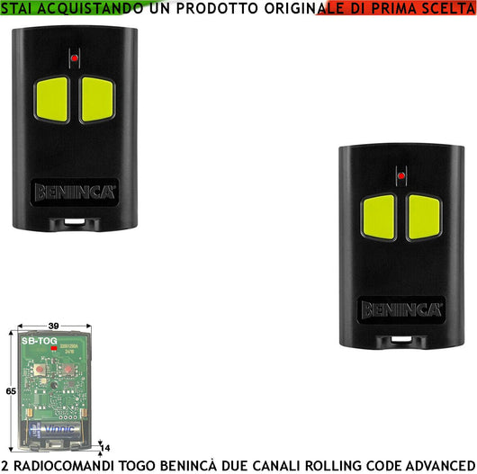 Telecomandi 2 Radiocomando 2 canali Fr. 433,92 MHz Portata 60/100 MT TO.GO Codice Sicurezza Advanced Rolling Code 128 Bit Batteria 12V 23A Contenitore ABS Nero Tasti Gialli Comando Automatismo Benincà