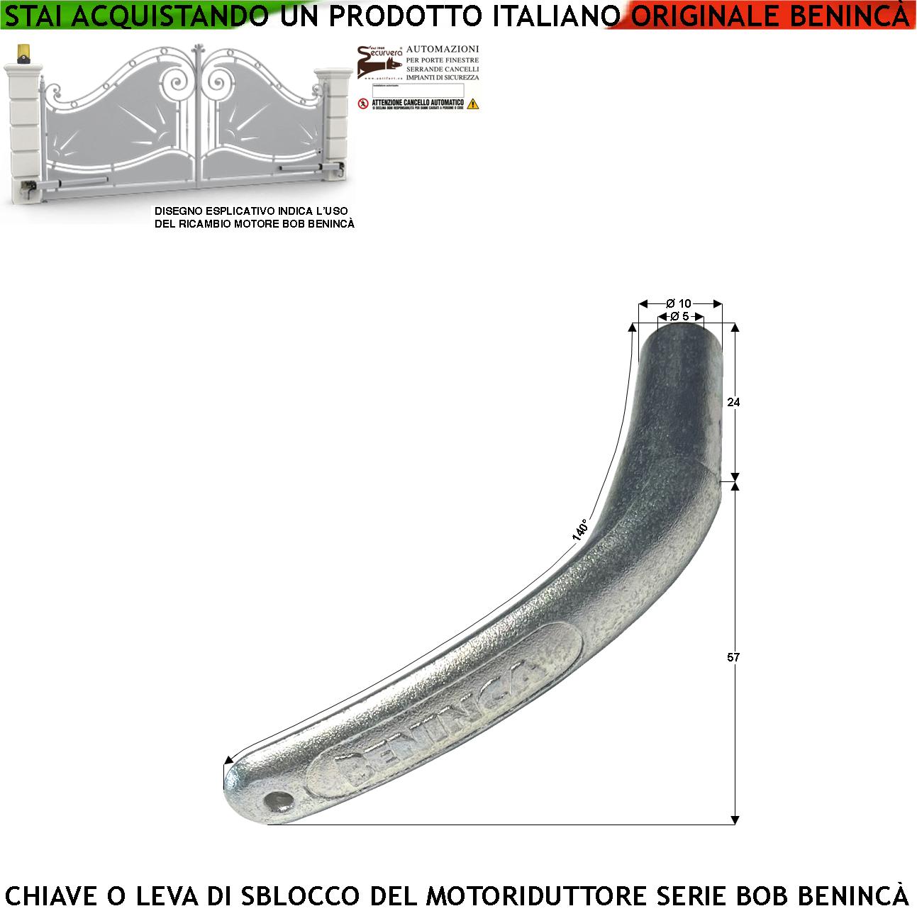 Leva Per lo Sblocco del Motoriduttore BOB della Benincà Chiave 9686877 Per Aprire il Cancello in Mancanza di Rete Elettrica Costruita in Fusione di Alluminio Foro con Canali per l'Aggancio del Perno