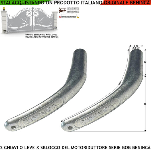 Leva 9686877 Due Chiavi di Sblocco Emergenza del Motoriduttore BOB della Benincà Apre il Cancello in Mancanza di Rete Elettrica Realizzato Fusoone di Alluminio Foro con Canali per l'Aggancio del Perno