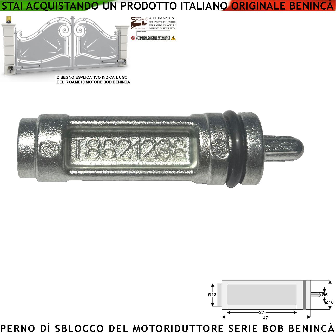 Cilindro Sblocco di Emergenza Inserito Nel Motore BOB della Benincà Tramite Leva Libera il Cancello in Mancanza di Rete Elettrica 9686876 Costruito in Alluminio Perno Rigato Per Aggancio Leva Chiave