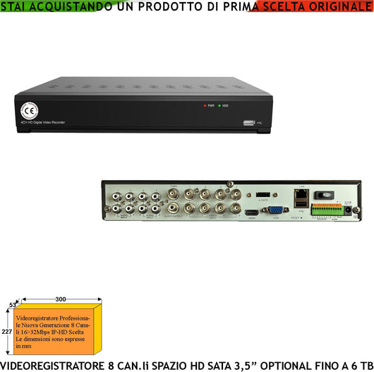 Videoregistratore DVR 8 Canali Audio Video 5MPX Multicontrollo (Spazio Per HDD SATA 3.5″ Non Compreso) 4 IP Statico e Dinamico Rileva Movimenti da Allarme Attiva Dissuasori Connessi Aliment. 12 Vcc