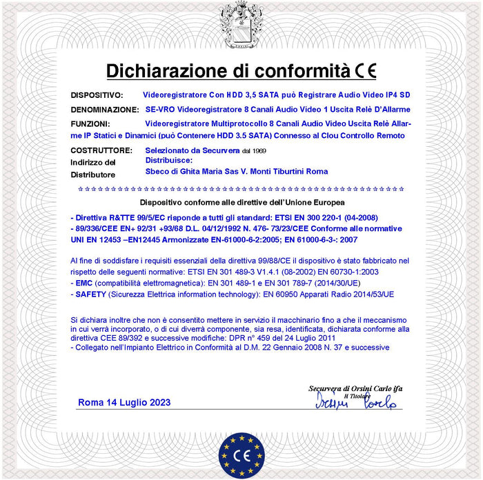 Videoregistratore Multicontrollo 8 Canali Audio Video 5MPX 4 IP Statico e Dinamico (Spazio Per HDD SATA 3.5″ Non Compreso) Rileva Movimenti da Allarme Attiva Dissuasori Connessi Alimentazione 12 Vcc