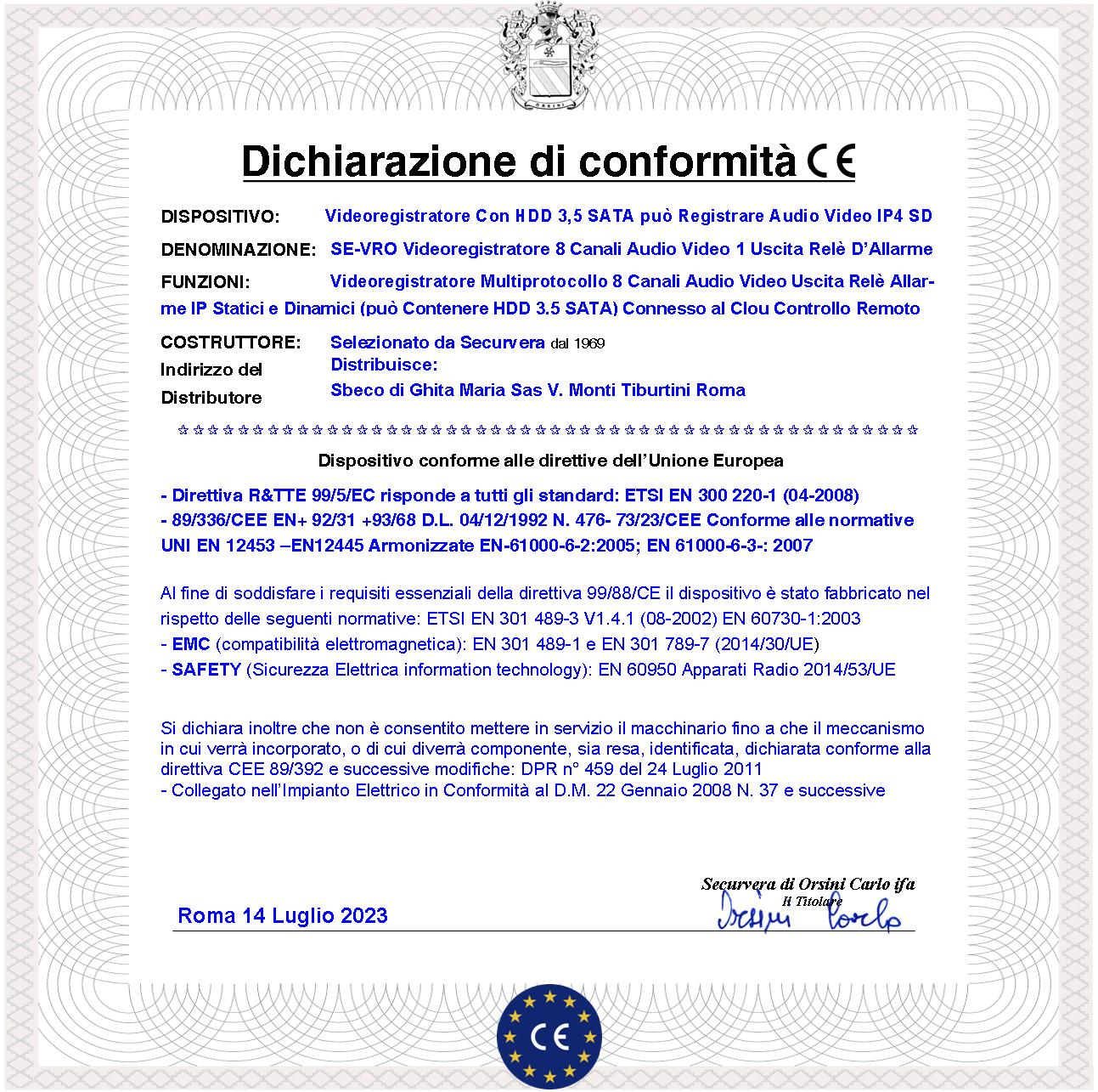 Videoregistratore Multicontrollo 8 Canali Audio Video 5MPX (Spazio Per HDD SATA 3.5″ Non Compreso) 4 IP Statico e Dinamico Rileva Movimenti da Allarme Attiva Dissuasori Connessi Alimentazione 12 Vcc