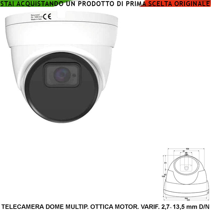 Dome Camera 5MPX Multicontrollo Ottica Varifocale 2,7~13,5 mm Day Night IP67 Luce Minima 0,05 Lux per Immagine a Colori Auto Shutter 4 LED IR Attivazione Automatica Illuminatore Notturno 40 Metri