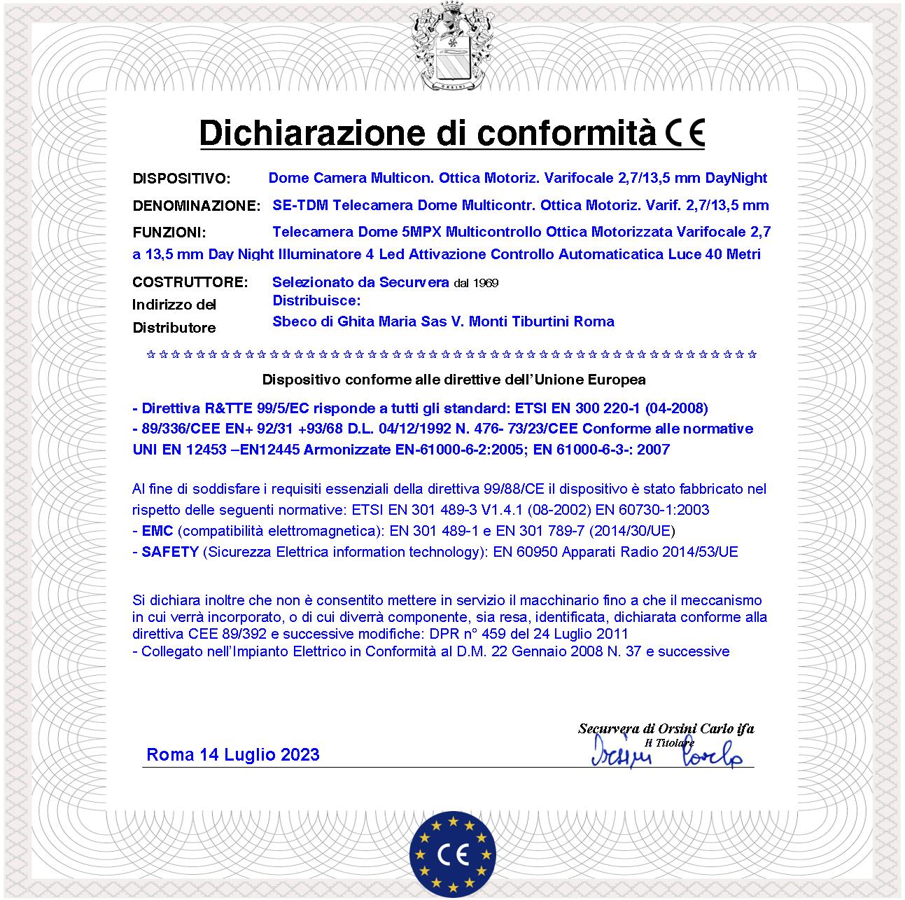 Telecamera Dome 5MPX Multicontrollo Ottica Varifocale 2,7~13,5 mm Day Night IP67 Luce Minima 0,05 Lux per Immagine a Colori Auto Shutter 4 LED IR Attivazione Automatica Illuminatore Notturno 40 Metri