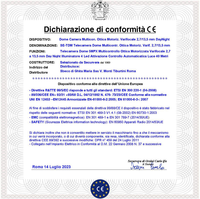 Dome Camera Multicontrollo 5MPX Night IP67 Ottica Varifocale 2,7~13,5 mm Day Luce Minima 0,05 Lux per Immagine a Colori Auto Shutter 4 LED IR Attivazione Automatica Illuminatore Notturno 40 Metri