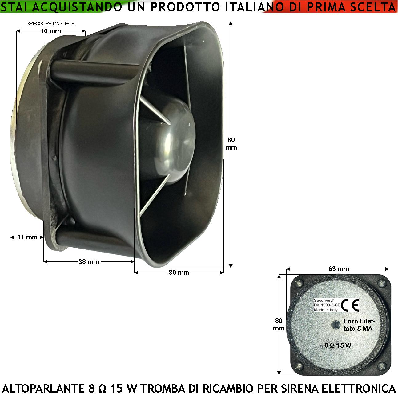 Tromba Esponenziale Cono Altoparlante Magnetodinamico 8 Ohm 15 W Suoni Alta Frequenza da da 850 ± 4600 Hz Tweeter Magnete Ø70XH10 mm Ricambio Sirene Antifurto Qualsiasi Marca Misure L80XH80XP53 mm