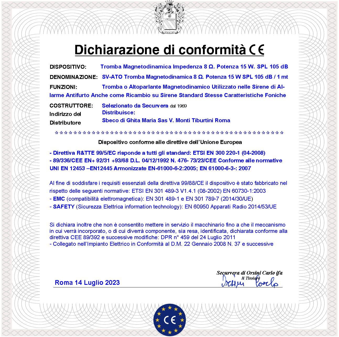 Tromba Esponenziale Cono Altoparlante Magnetodinamico 8 Ohm 15 W Suoni Alta Frequenza da da 850 ± 4600 Hz Tweeter Magnete Ø70XH10 mm Ricambio Sirene Antifurto Qualsiasi Marca Misure L80XH80XP53 mm