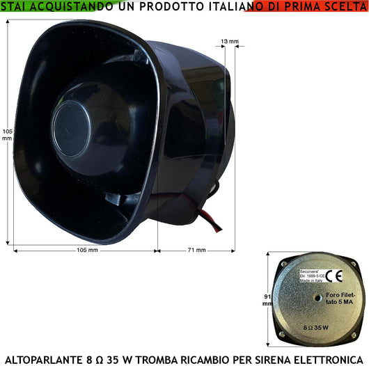 Diffusore Sonoro Tromba Esponenziale Magnetodinamica Impedenza 8 Ω Potenza 40 W 107 dB Suoni Frequenza da 750 ± 5,1 KHz Magnete Ø91XH13 mm Ricambio Sirena Allarme Tutte Marche Misure H106XL106XP72 mm