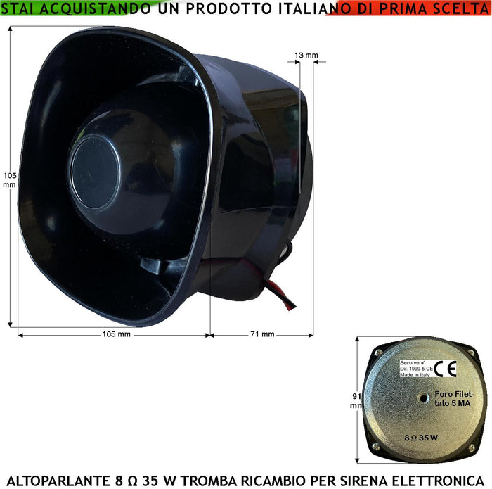 Cono Tromba Magnetodinamica Altoparlante Esponenziale Impedenza 8 Ohm Frequenza da 750 ± 5,1 KH Potenza 40 W 107 dB Ricambio Sirena Allarme Tutte Marche Magnete Ø 91 Per H13 mm Misure H106XL106XP72 mm