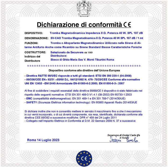 Tromba Altoparlante Ricambio Sirena Allarme Impedenza 4 Ω Potenza 40 W 107 dB Suoni Alta Frequenza da 750 ± 5,1 KHz Membrana ABS Oscillante su Magnete Permante Ø 91 X S 13 mm Misure H106XL106XP72 mm