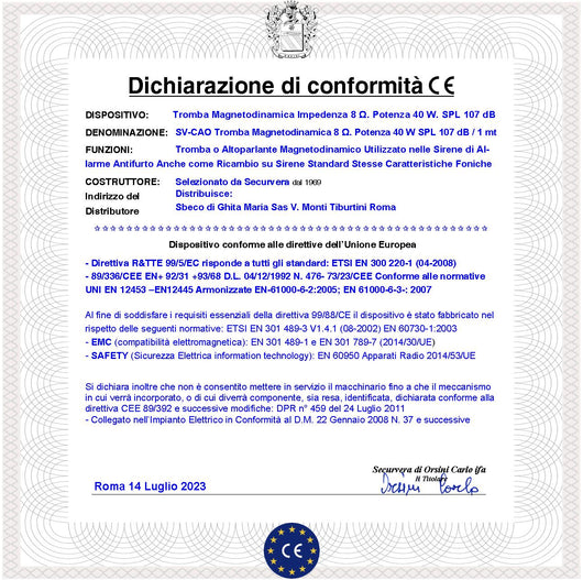 Cono Tromba Magnetodinamica Altoparlante Esponenziale Impedenza 8 Ohm Frequenza da 750 ± 5,1 KH Potenza 40 W 107 dB Ricambio Sirena Allarme Tutte Marche Magnete Ø 91 Per H13 mm Misure H106XL106XP72 mm