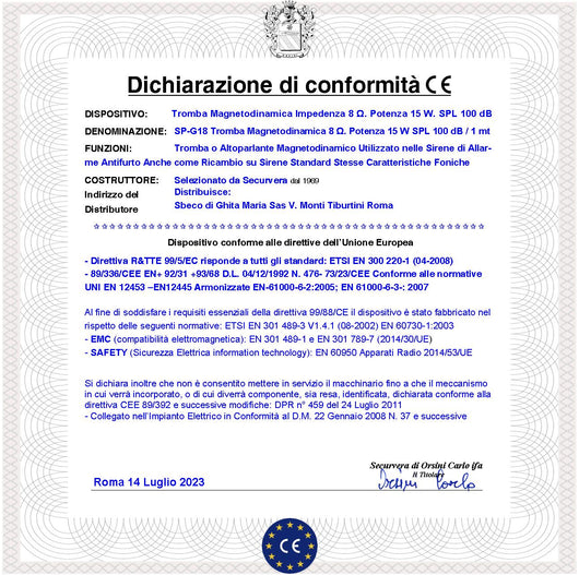 Altoparlante Tromba ABS Fonica Ricambio Sirena Impedenza 8 Ω Potenza 15 W Suoni Alta Frequenza da 1,3 ± 20 KHz 100 dB Membrana Oscillante ABS su Magnete Permanente Ø70XS10 mm Dimensioni L87XH80XP40 mm