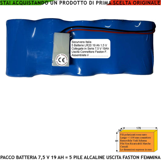 Pacco 5 Pile LR20 Alcaline 7,5 V 19 Ah Batteria Non Ricaricabile Colore Occasionale Ricambio Antifurto Qualsiasi Marca Connettore Sostituibile Misure L165XS34XH63 mm Pronta all'Uso Direttiva 2018/849