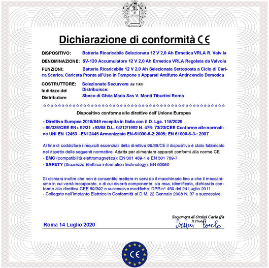 Batteria Ricaricabile 12 V 2,0 Ah Pb Ermetica VRLA Regolata da Valvola Collegamento Tramite 2 Faston 5 mm Polarizzati Caricata 3 Cicli C/S Selezionata da Securvera Non Necessita di Manutenzione