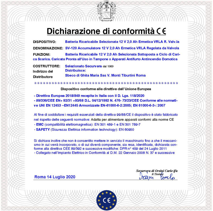 Batteria Ricaricabile al Piombo 12 V 2,0 Ah Collegamento Tramite 2 Faston 5 mm Ermetica VRLA Regolata da Valvola Polarizzati Caricata 3 Cicli C/S Selezionata da Securvera Non Necessita di Manutenzione