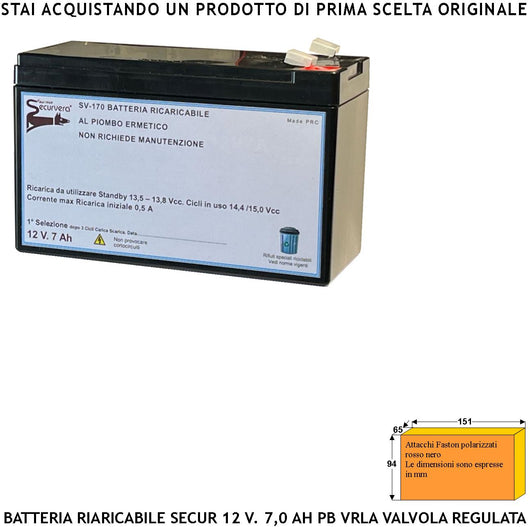 Batteria Ricaricabile al Piombo 12 V 7,0 Ah Collegamento Tramite 2 Faston 5 mm Ermetica VRLA Regolata da Valvola Polarizzati Caricata 3 Cicli C/S Selezionata da Securvera Non Necessita di Manutenzione