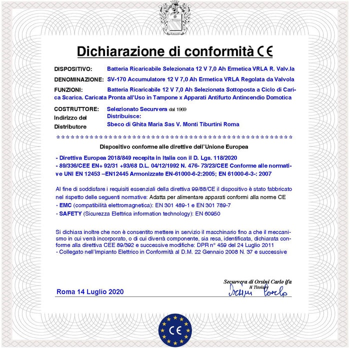 Batteria Piombo 12 V 7,0 Ah Ricaricabile Ermetica VRLA Regolata da Valvola Collegamento Tramite 2 Faston 5 mm Polarizzati Caricata 3 Cicli C/S Selezionata da Securvera Non Necessita di Manutenzione