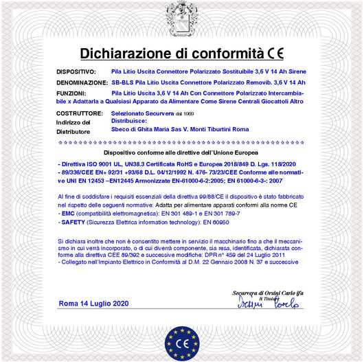 ER34615M 3,6 V 14 Ah Pila litio Non Ricaricabile Connettore Polarizzato Batteria Ricambio Compatibile Sirena Bentel Tecnoallarm Dimensioni L62XØ34 mm Peso 112 gr Pronta all'Uso Direttiva ISO 9001