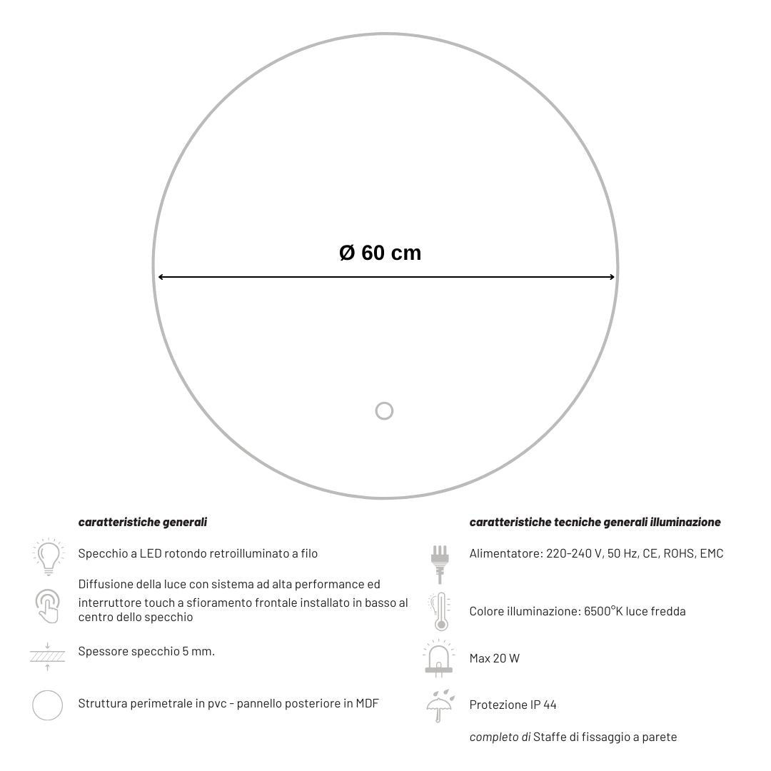Specchio 5 mm tondo retroilluminato led interruttore touch pvc e mdf *** misura Ã˜60, tonalità dimmerabile 2700-4500...