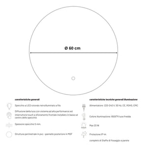 Specchio 5 mm tondo retroilluminato led interruttore touch pvc e mdf *** misura Ã˜60, tonalità dimmerabile 2700-4500...