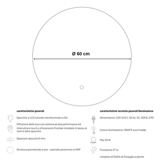 Specchio 5 mm tondo retroilluminato led interruttore touch pvc e mdf *** misura Ã˜60, tonalità dimmerabile 2700-4500...